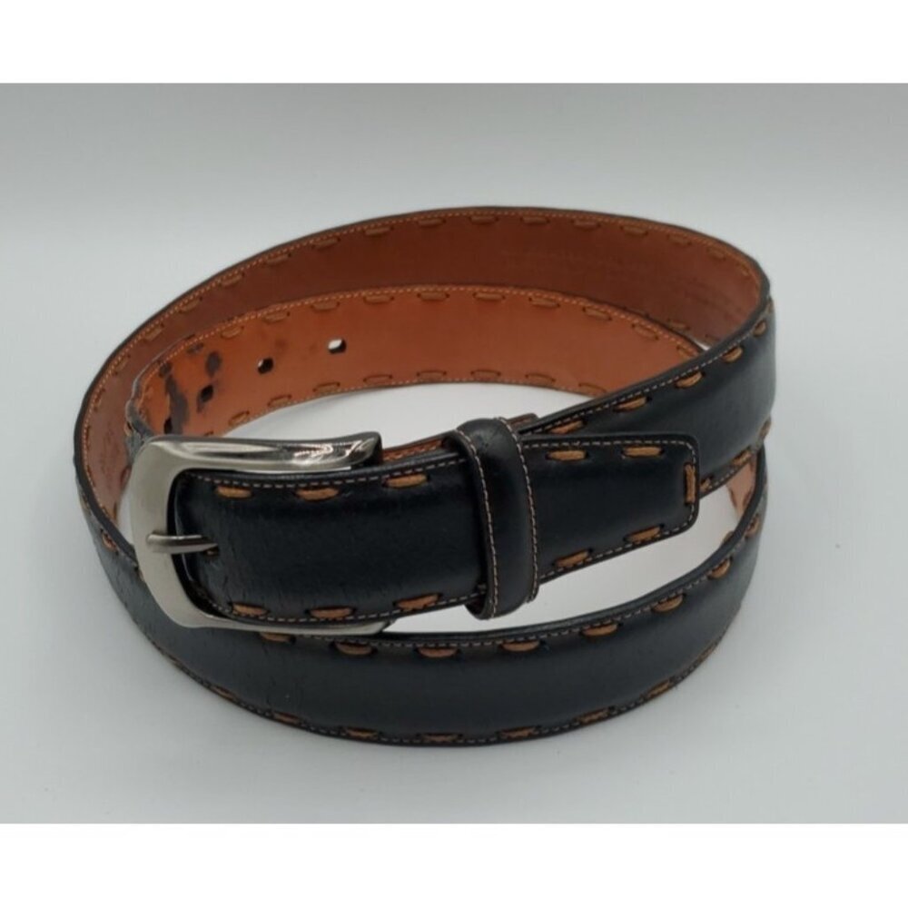 Cubavera Men's Belt Black Cowhide Leather w/ Tan Stitching Size Waist 34 / 85